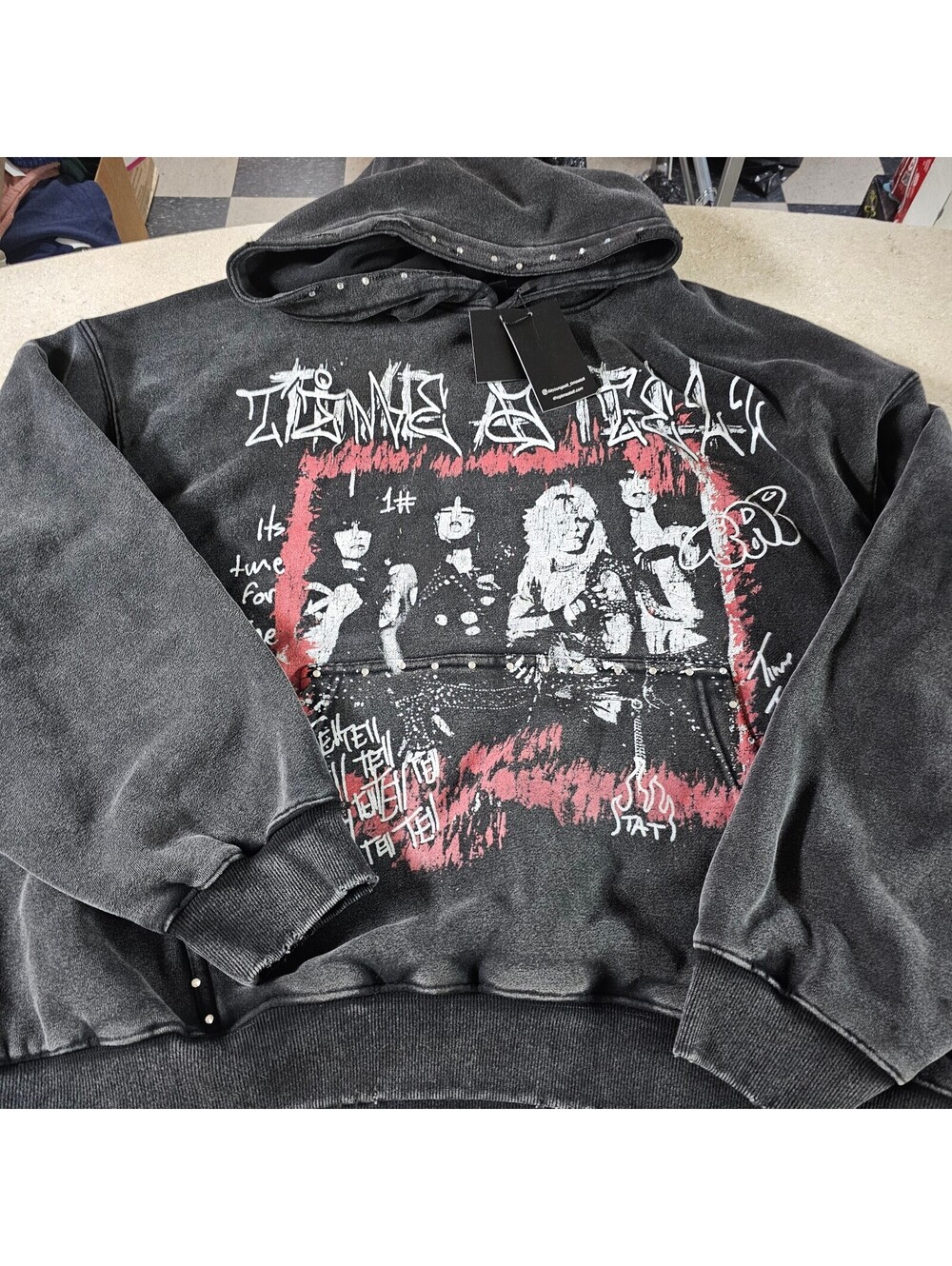 Time a Tell Black Graphic Hoodie with Studded Hood sz XL